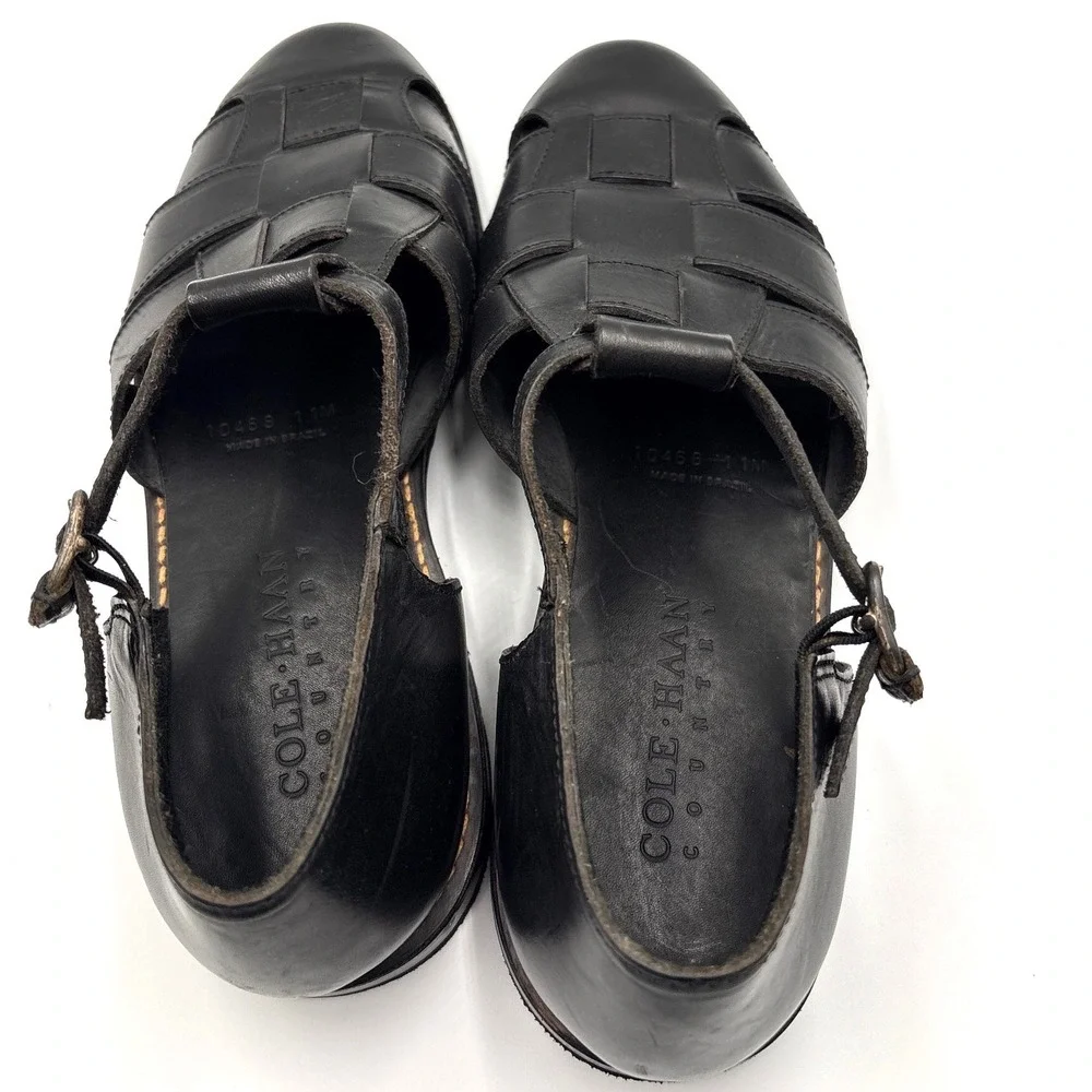 Cole Haan Mens Black Leather Fisherman Sandals Woven Closed Toe Buckle 11M 10468